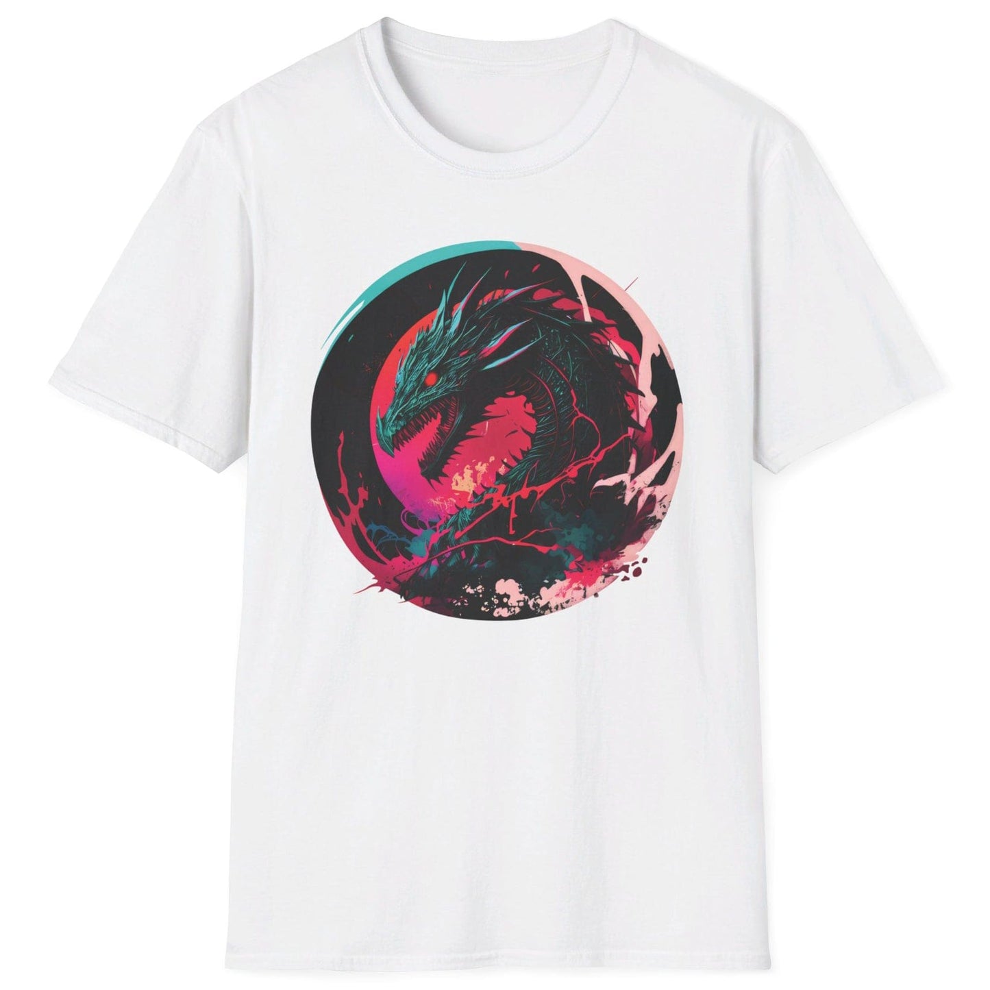 Angry Dragon Shirt in white featuring a fierce dragon with electric energy, baring its teeth in a menacing snarl.