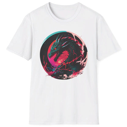 Angry Dragon Shirt in white featuring a fierce dragon with electric energy, baring its teeth in a menacing snarl.