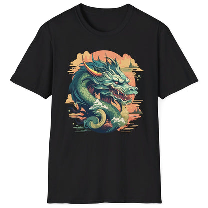 Eastern Dragon Shirt in black featuring a jade-colored serpentine dragon floating in a golden sunset sky.