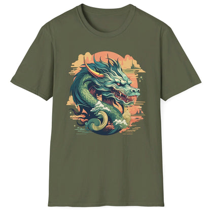 Eastern Dragon Shirt in military green featuring a jade-colored serpentine dragon floating in a golden sunset sky.