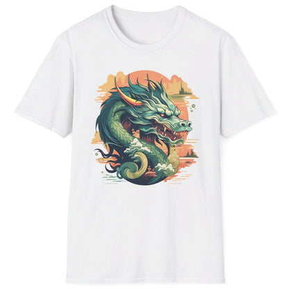 Eastern Dragon Shirt in white featuring a jade-colored serpentine dragon floating in a golden sunset sky.