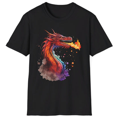 Fire Dragon Shirt in black featuring vibrant watercolor art of a fire-breathing dragon in red and orange hues.