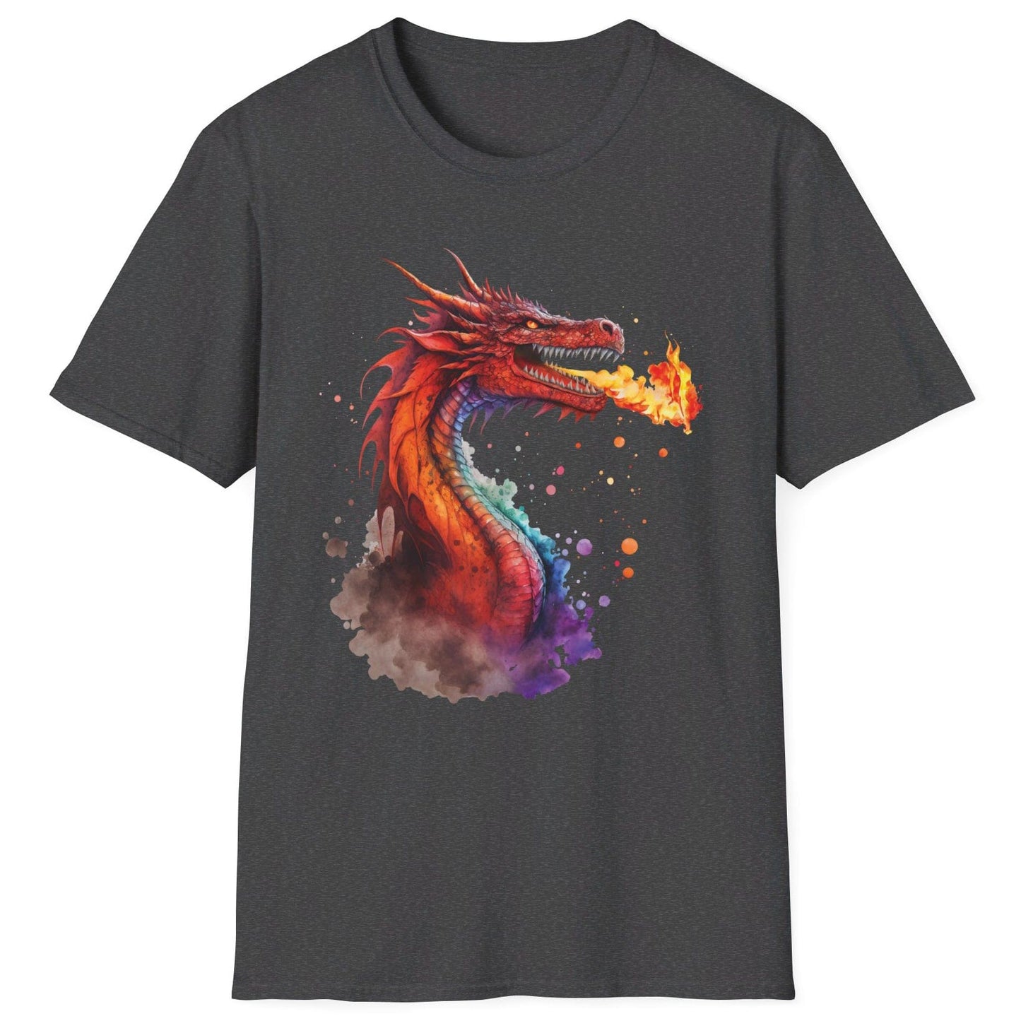 Fire Dragon Shirt in dark heather grey featuring vibrant watercolor art of a fire-breathing dragon in red and orange hues.