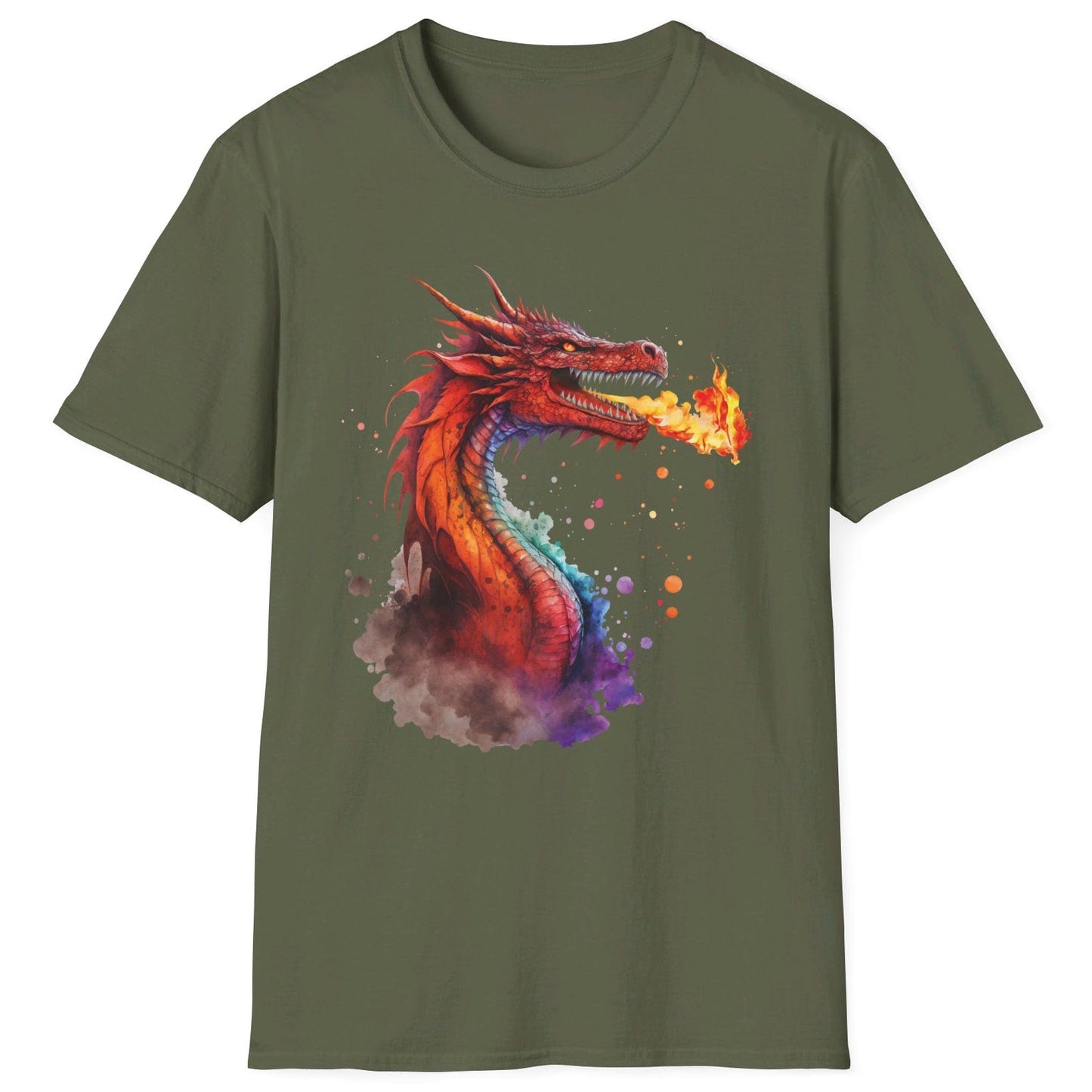 Fire Dragon Shirt in military green featuring vibrant watercolor art of a fire-breathing dragon in red and orange hues.