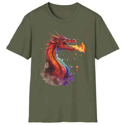 Fire Dragon Shirt in military green featuring vibrant watercolor art of a fire-breathing dragon in red and orange hues.