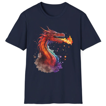 Fire Dragon Shirt in navy blue featuring vibrant watercolor art of a fire-breathing dragon in red and orange hues.