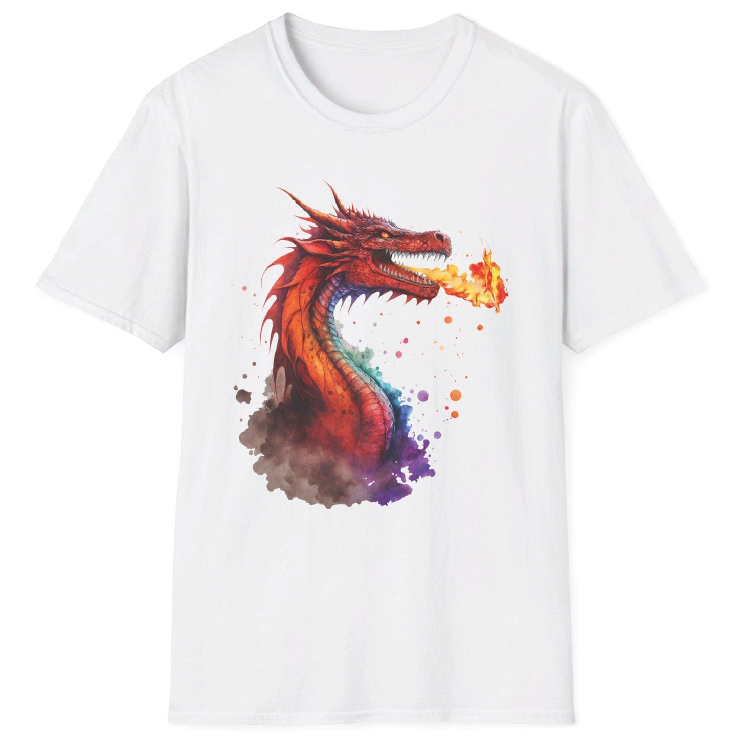 Fire Dragon Shirt in white featuring vibrant watercolor art of a fire-breathing dragon in red and orange hues.