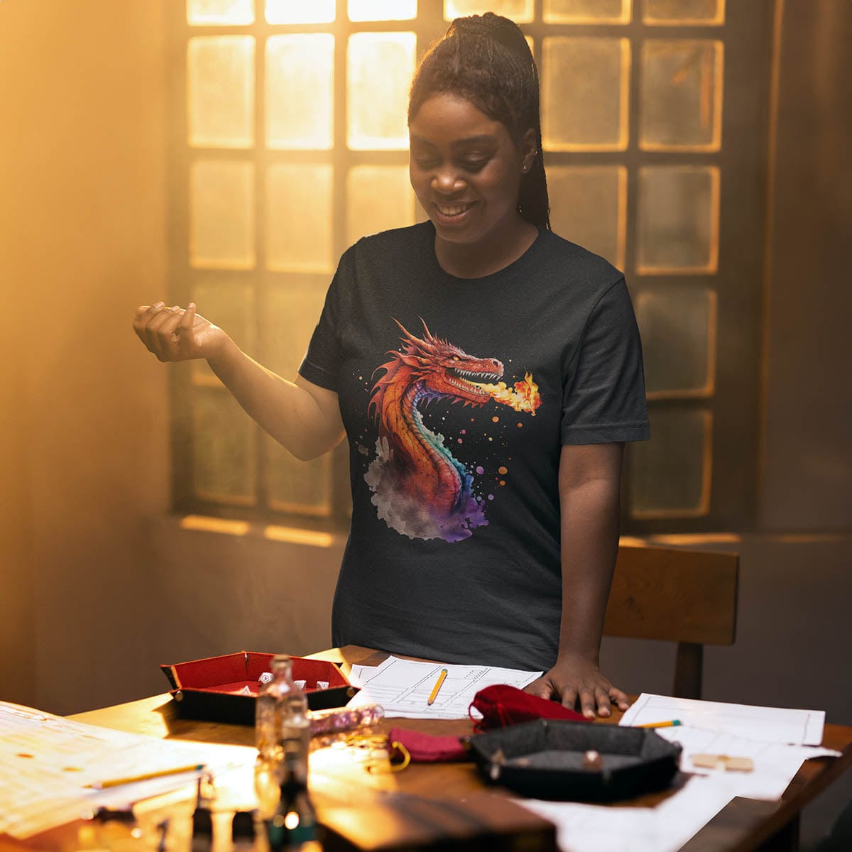 Woman wearing a Fire Dragon Shirt, featuring watercolor art of a fire-breathing dragon. She is playing Dungeons & Dragons.