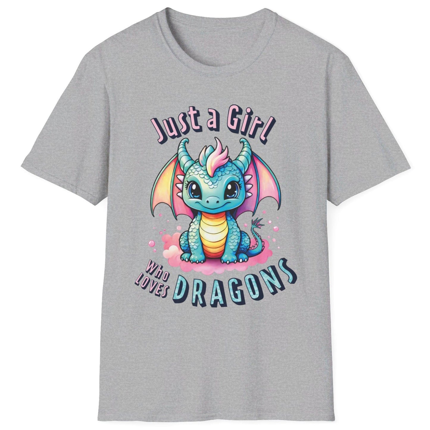 Just a Girl Who Loves Dragons Shirt in sport grey featuring an adorable wide-eyed dragon in vibrant pastel colors.