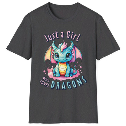 Just a Girl Who Loves Dragons Shirt in dark heather grey featuring an adorable wide-eyed dragon in vibrant pastel colors.