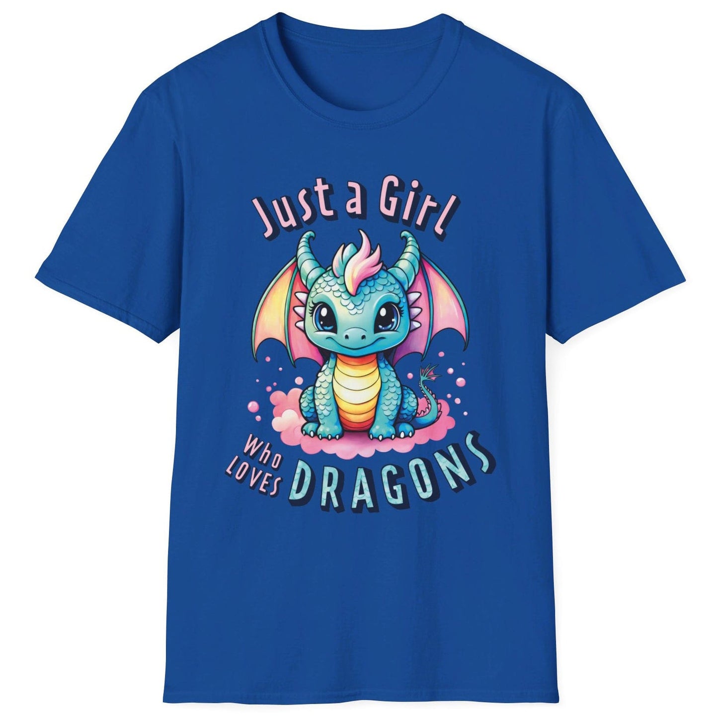 Just a Girl Who Loves Dragons Shirt in royal blue featuring an adorable wide-eyed dragon in vibrant pastel colors.