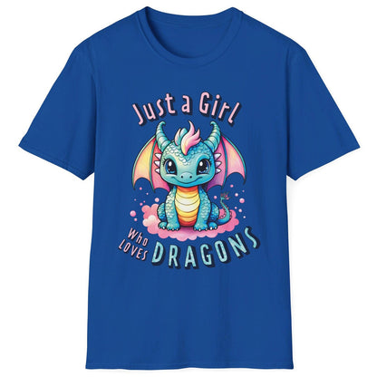 Just a Girl Who Loves Dragons Shirt in royal blue featuring an adorable wide-eyed dragon in vibrant pastel colors.