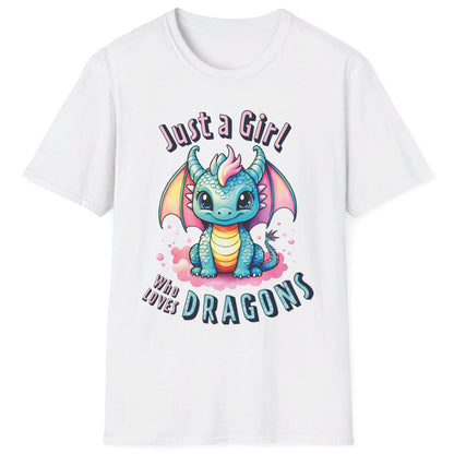 Just a Girl Who Loves Dragons Shirt in white featuring an adorable wide-eyed dragon in vibrant pastel colors.