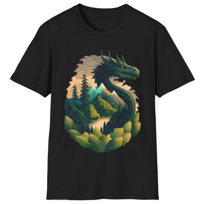 Go Green Dragon Shirt in black featuring a green dragon blending into a mountain landscape with trees and a lake.