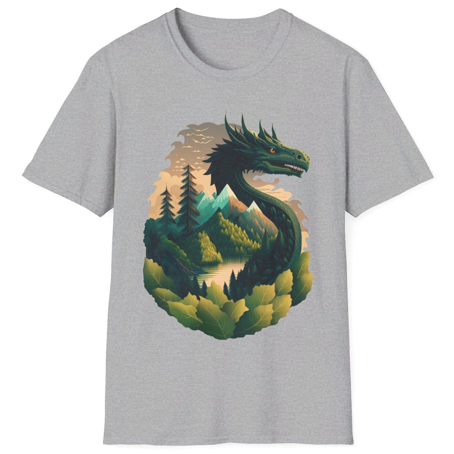 Go Green Dragon Shirt in sport grey featuring a green dragon blending into a mountain landscape with trees and a lake.