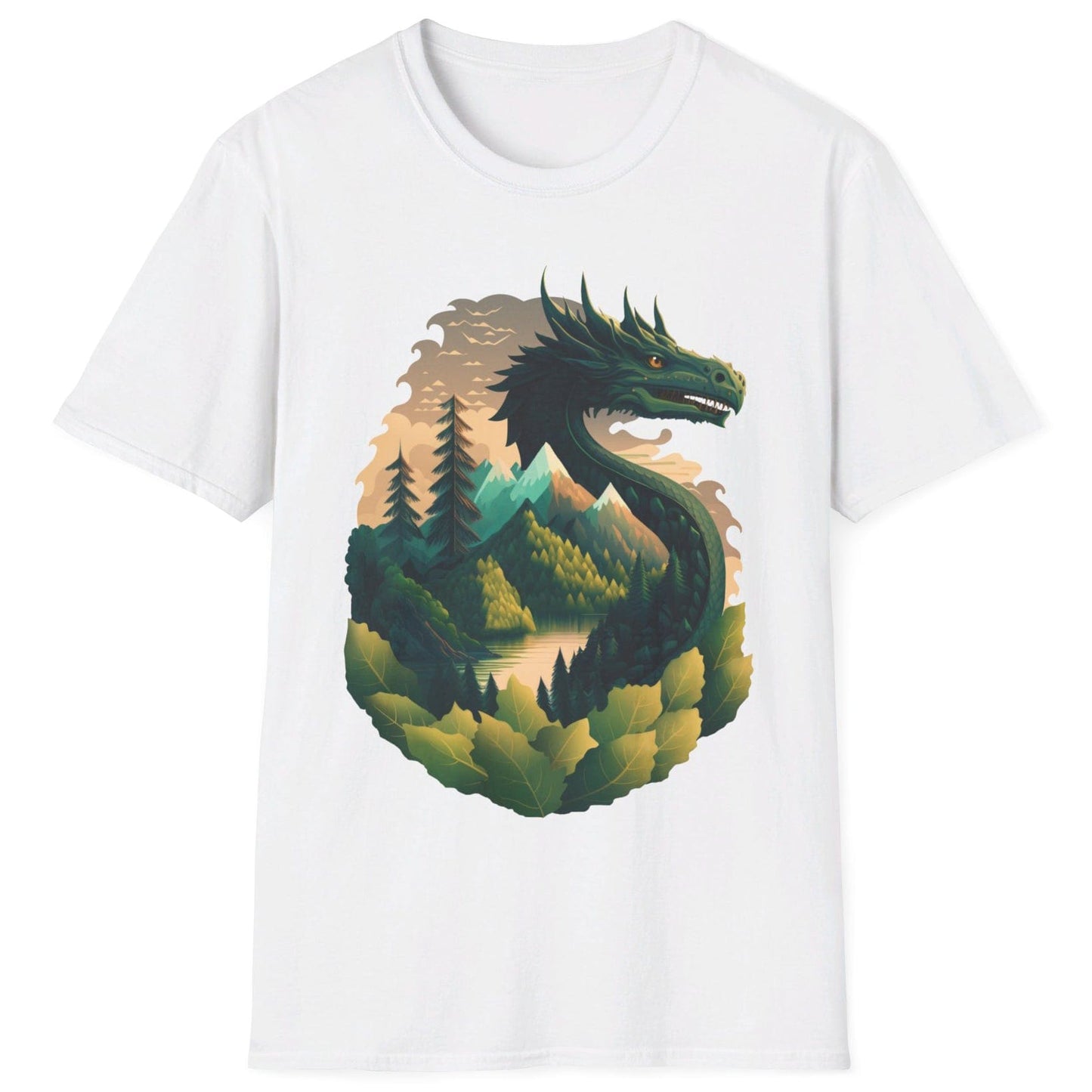 Go Green Dragon Shirt in white featuring a green dragon blending into a mountain landscape with trees and a lake.