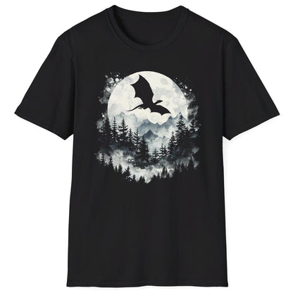 Great Dragon Shirt in black featuring a flying dragon silhouette soaring past a glowing full moon and misty mountains.