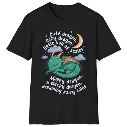 Happy Dragon Shirt in black featuring a cute baby dragon curled up under the moon and stars with playful rhyming text.