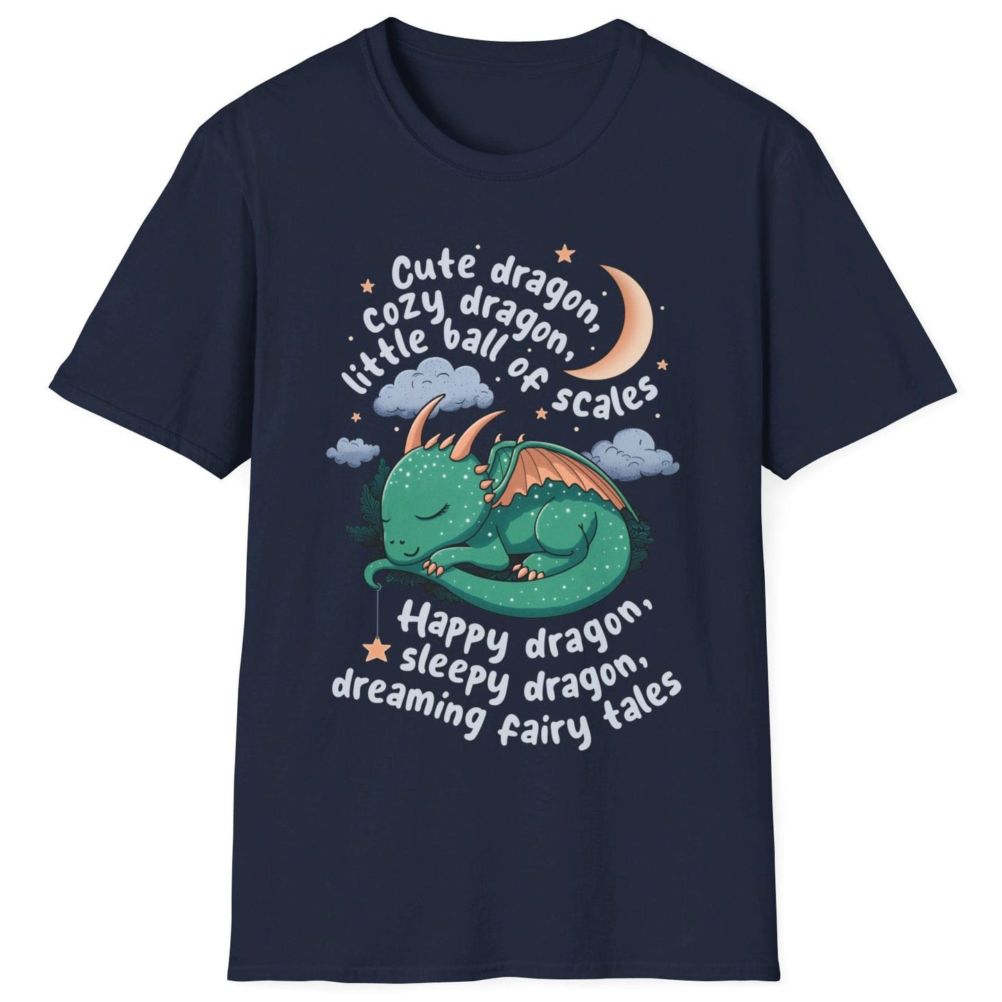 Happy Dragon Shirt in navy blue featuring a cute baby dragon curled up under the moon and stars with playful rhyming text.