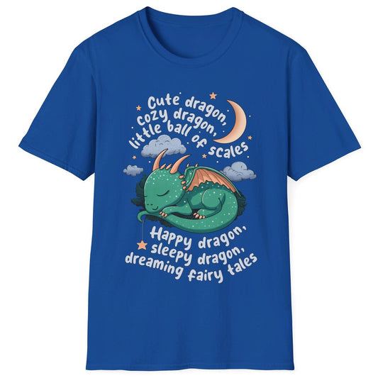 Happy Dragon Shirt in royal blue featuring a cute baby dragon curled up under the moon and stars with playful rhyming text.