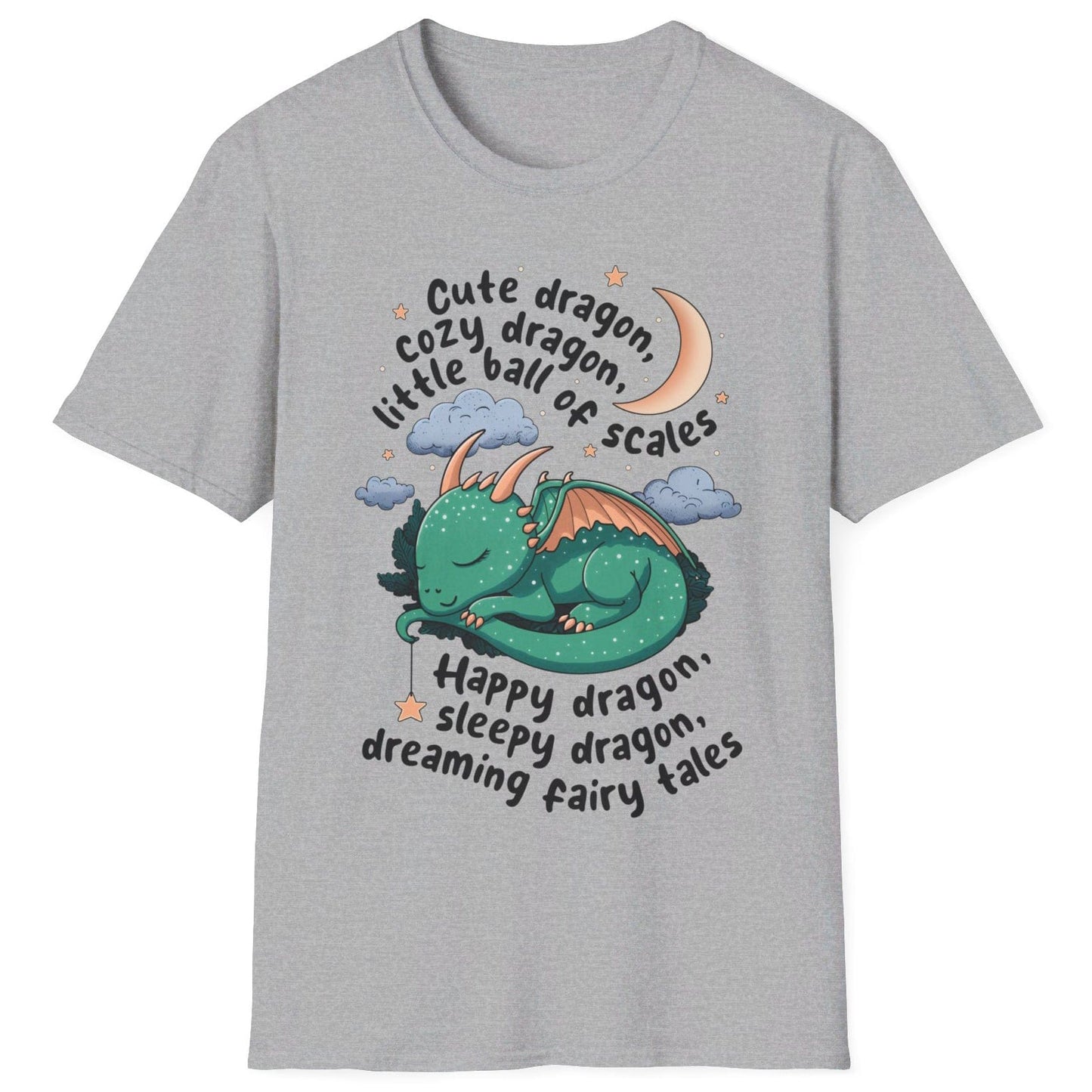 Happy Dragon Shirt in sport grey featuring a cute baby dragon curled up under the moon and stars with playful rhyming text.