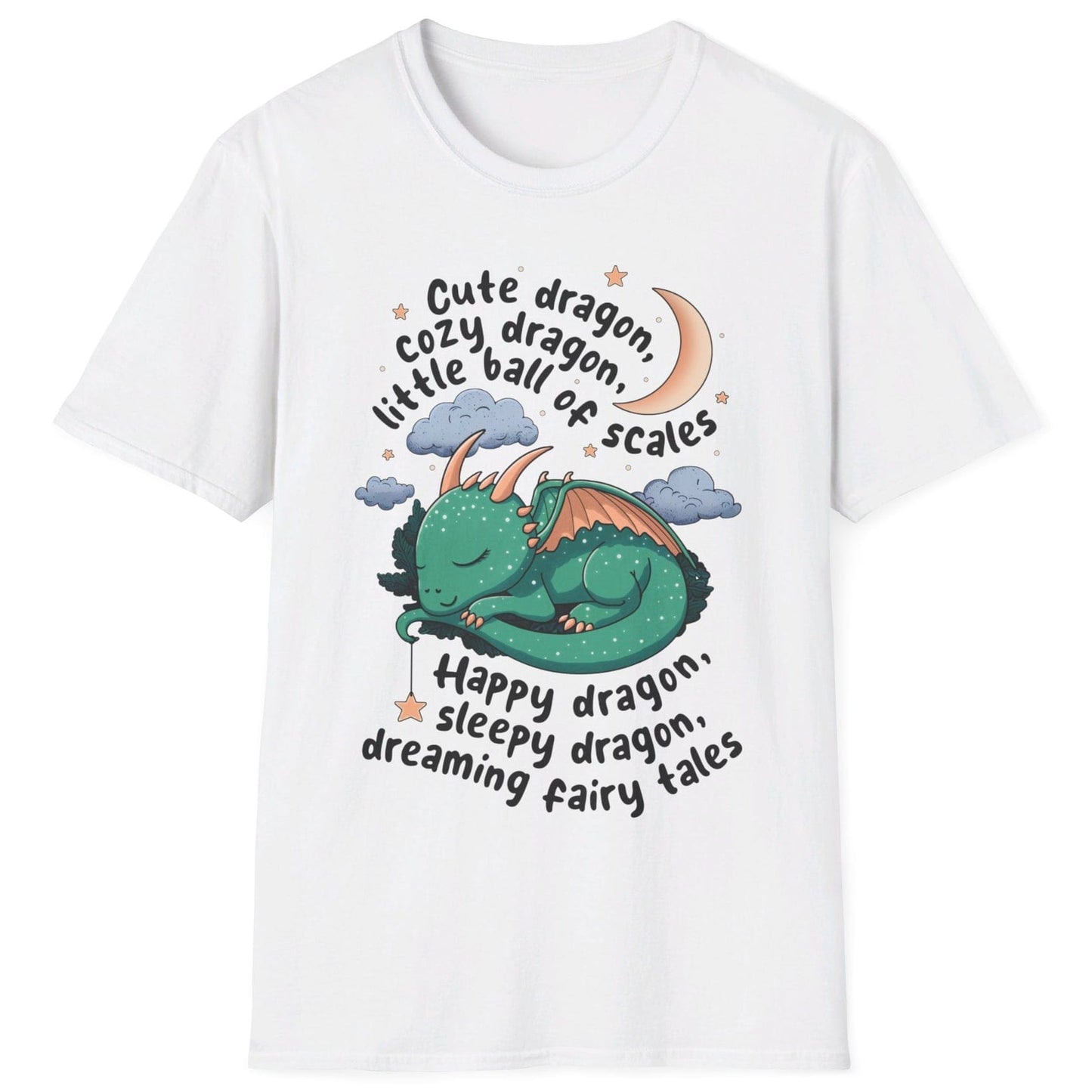 Happy Dragon Shirt in white featuring a cute baby dragon curled up under the moon and stars with playful rhyming text.