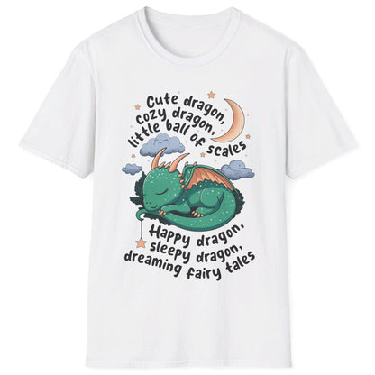 Happy Dragon Shirt in white featuring a cute baby dragon curled up under the moon and stars with playful rhyming text.