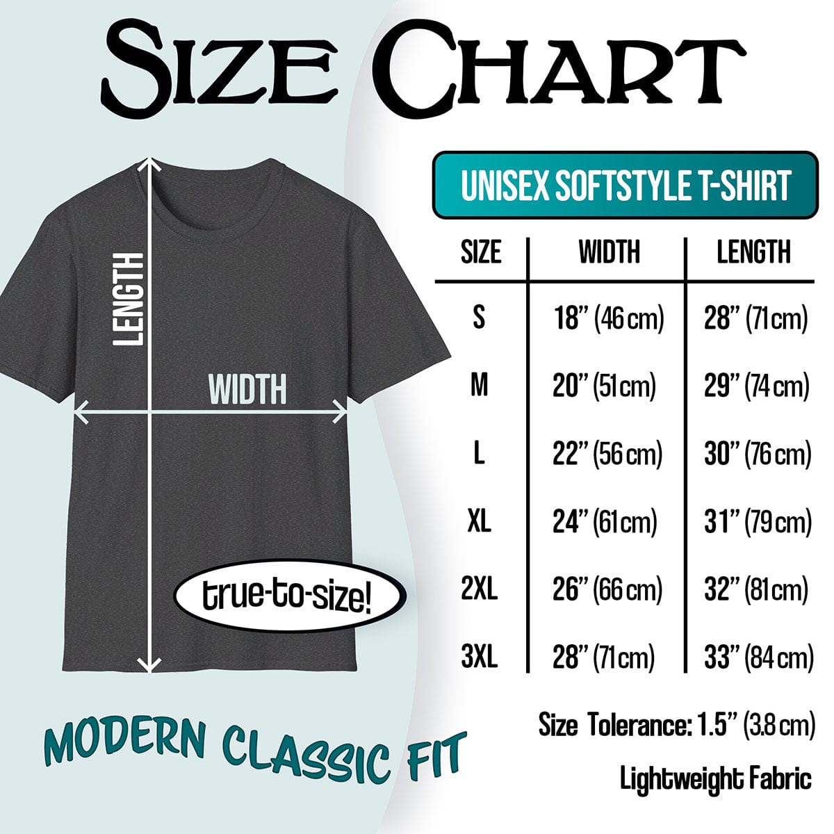 Size chart for Inspired Dragon unisex t-shirts, showing measurements from small to 3XL in inches and centimeters.