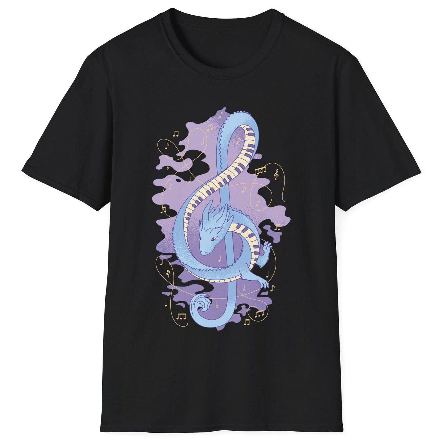 Musical Dragon Shirt in black featuring a dragon shaped as a treble clef with piano key scales and musical notes.