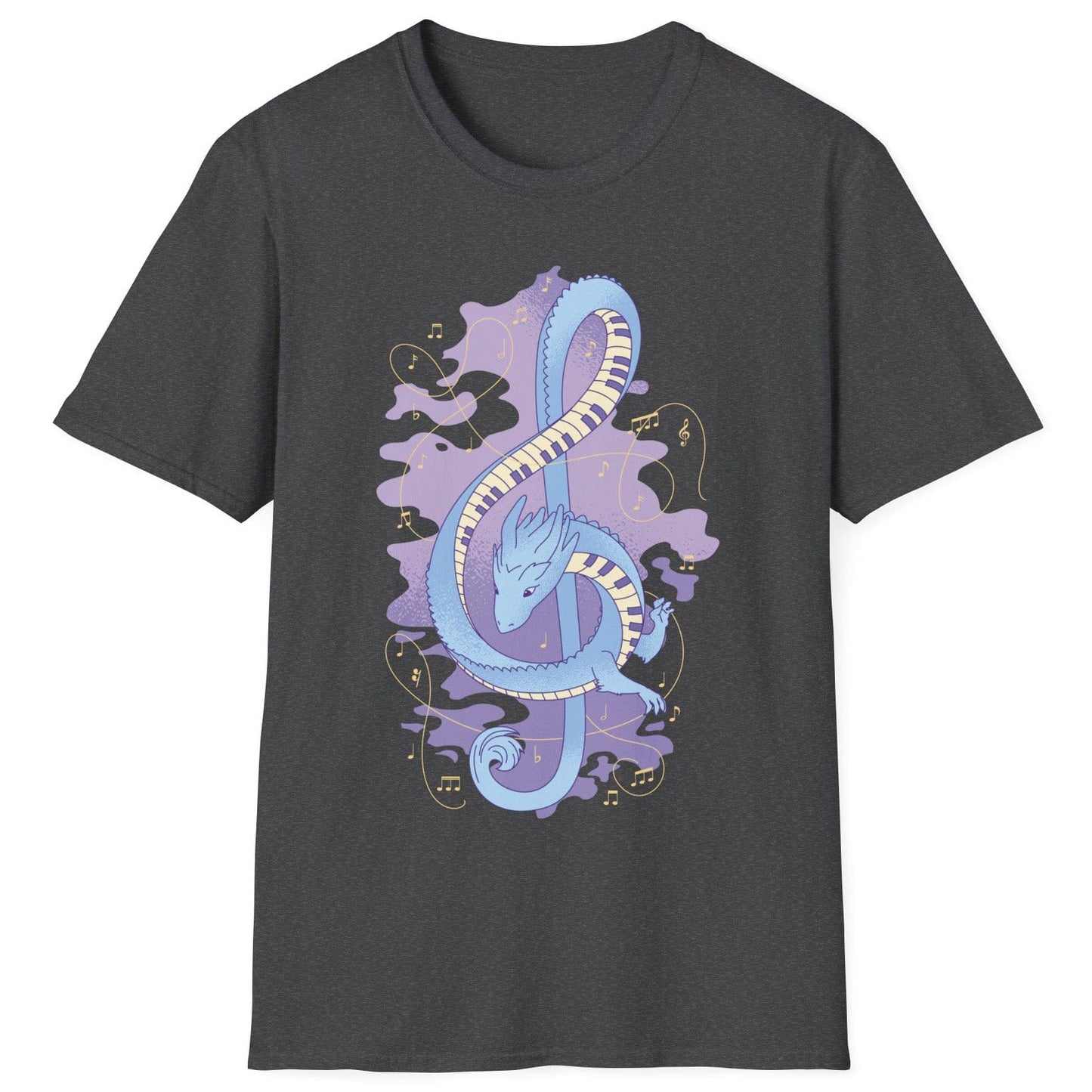 Musical Dragon Shirt in dark heather featuring a dragon shaped as a treble clef with piano key scales and musical notes.