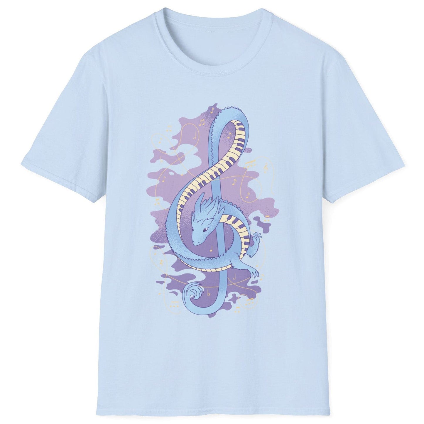 Musical Dragon Shirt in light blue featuring a dragon shaped as a treble clef with piano key scales and musical notes.