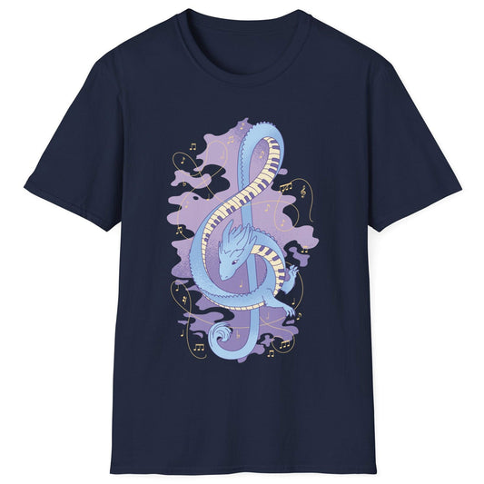 Musical Dragon Shirt in navy blue featuring a dragon shaped as a treble clef with piano key scales and musical notes.