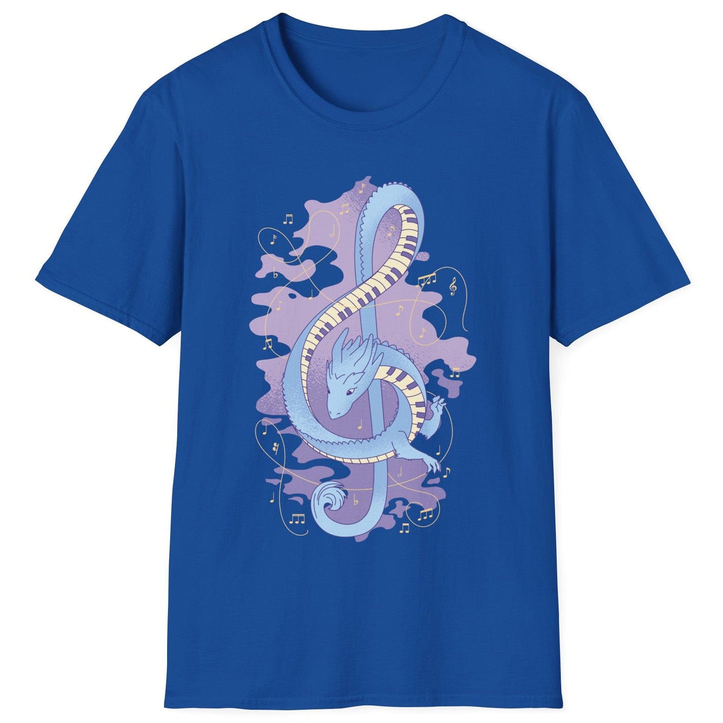 Musical Dragon Shirt in royal blue featuring a dragon shaped as a treble clef with piano key scales and musical notes.