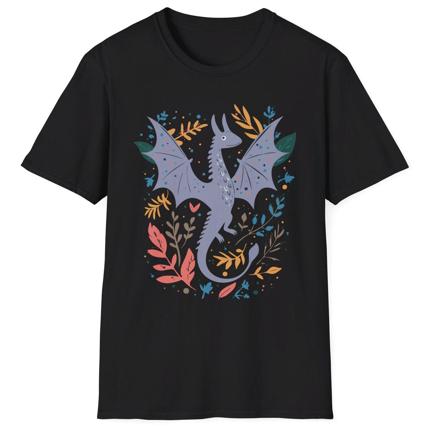 Nature Dragon Shirt in black featuring a whimsical flying dragon surrounded by leafy accents in earthy tones.