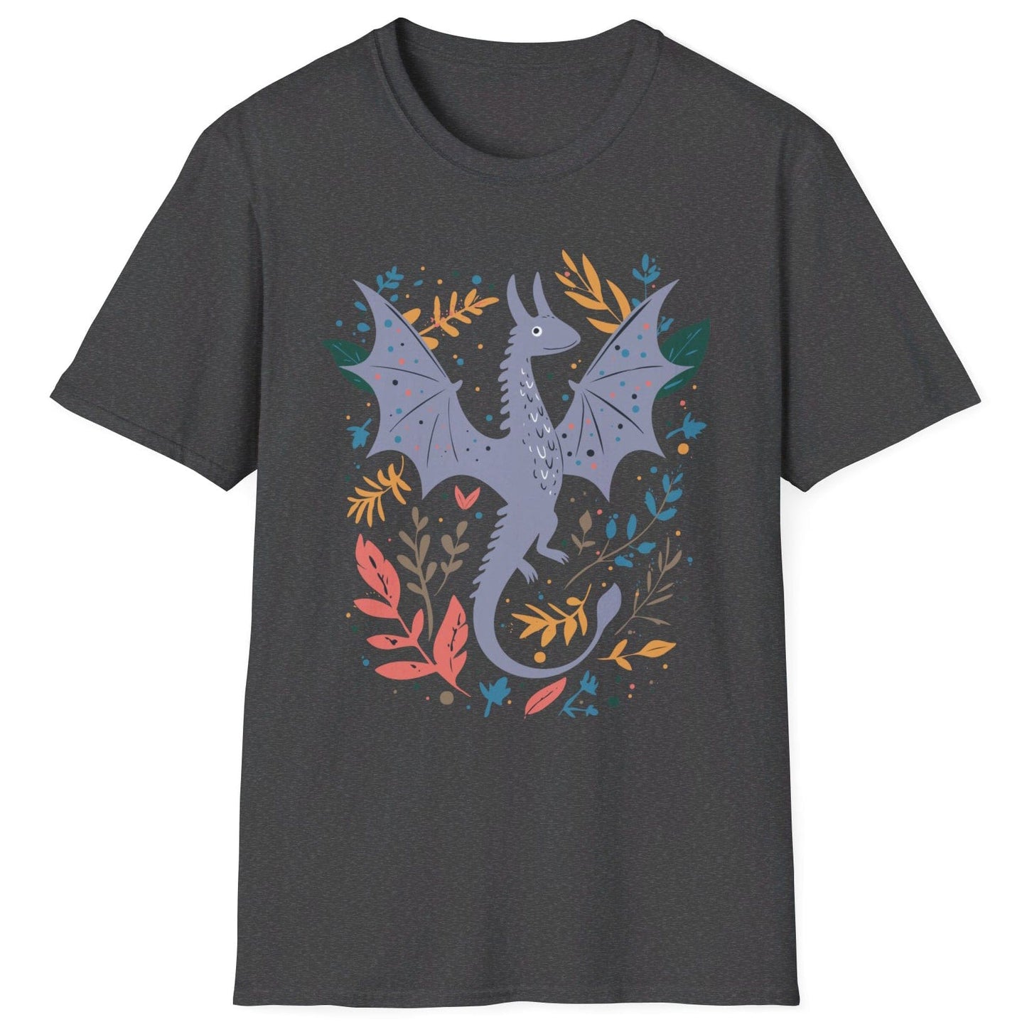 Nature Dragon Shirt in dark heather grey featuring a whimsical flying dragon surrounded by leafy accents in earthy tones.