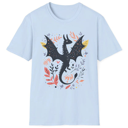 Nature Dragon Shirt in light blue featuring a whimsical flying dragon surrounded by leafy accents in earthy tones.