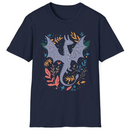 Nature Dragon Shirt in navy blue featuring a whimsical flying dragon surrounded by leafy accents in earthy tones.