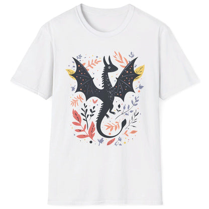 Nature Dragon Shirt in white featuring a whimsical flying dragon surrounded by leafy accents in earthy tones. 