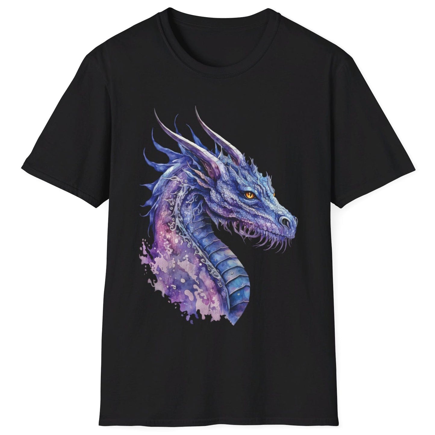 Blue and Purple Dragon Shirt in black featuring ethereal watercolor art of an aquatic dragon with frills and tendrils.