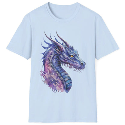 Blue and Purple Dragon Shirt in light blue featuring ethereal watercolor art of an aquatic dragon with frills and tendrils.