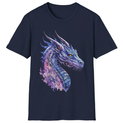 Blue and Purple Dragon Shirt in navy blue featuring ethereal watercolor art of an aquatic dragon with frills and tendrils.