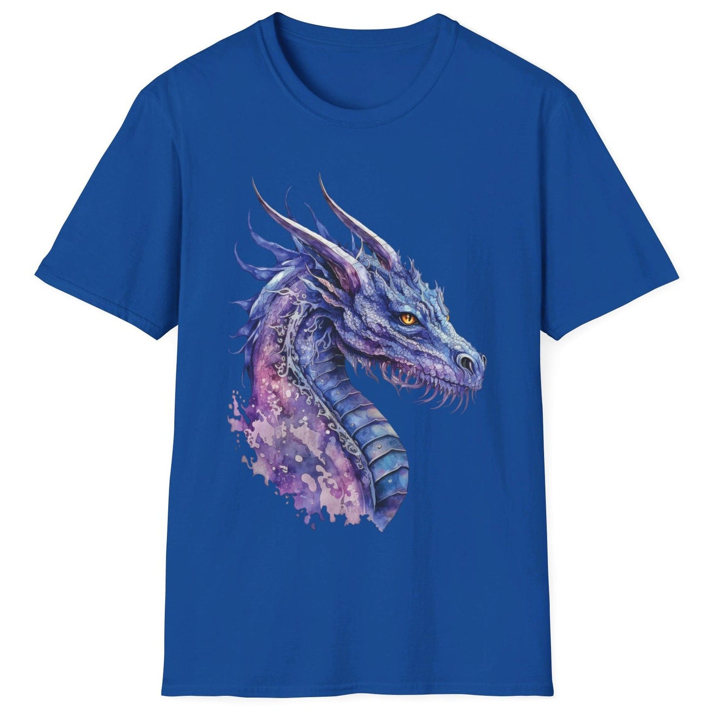 Blue and Purple Dragon Shirt in royal blue featuring ethereal watercolor art of an aquatic dragon with frills and tendrils.