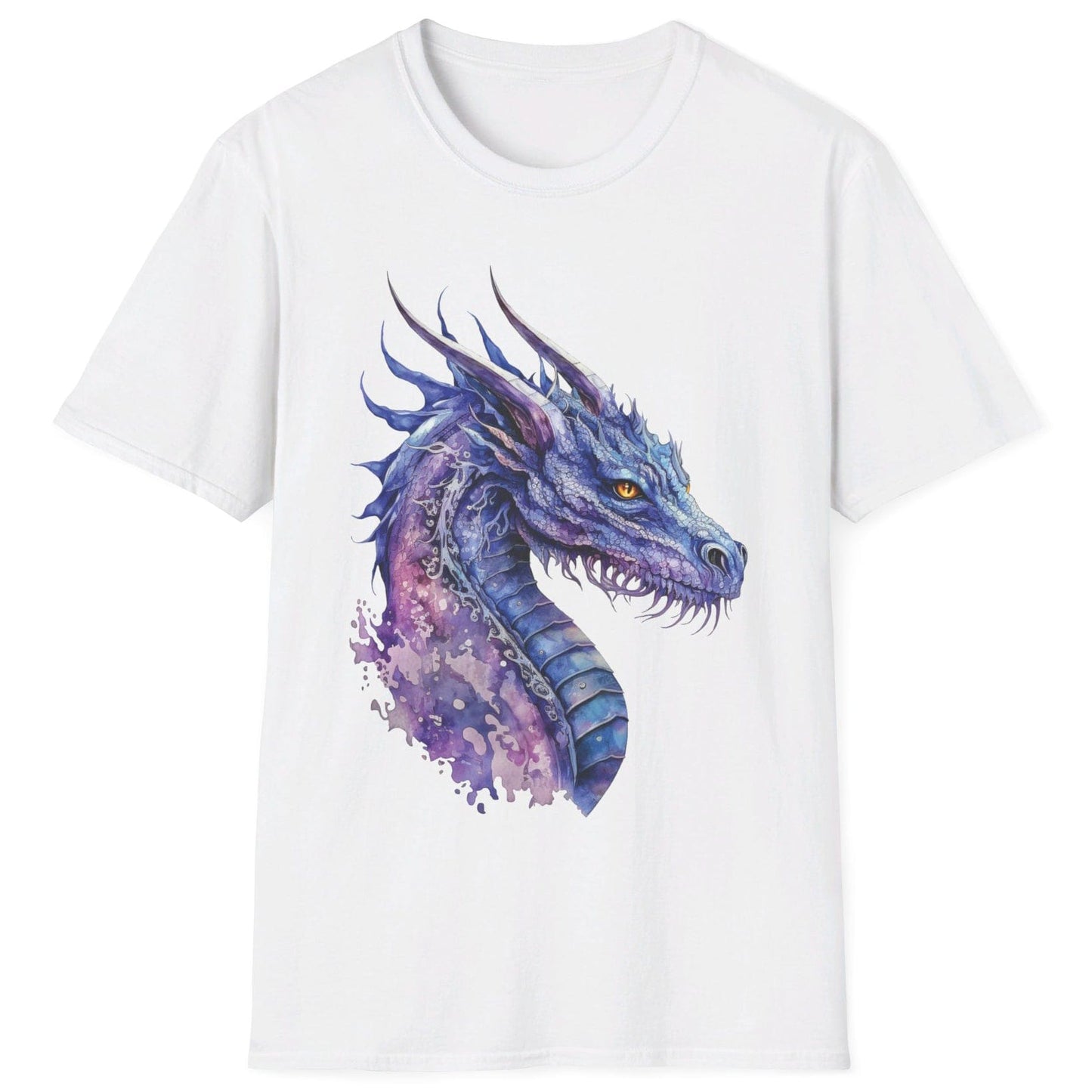 Blue and Purple Dragon Shirt in white featuring ethereal watercolor art of an aquatic dragon with frills and tendrils.