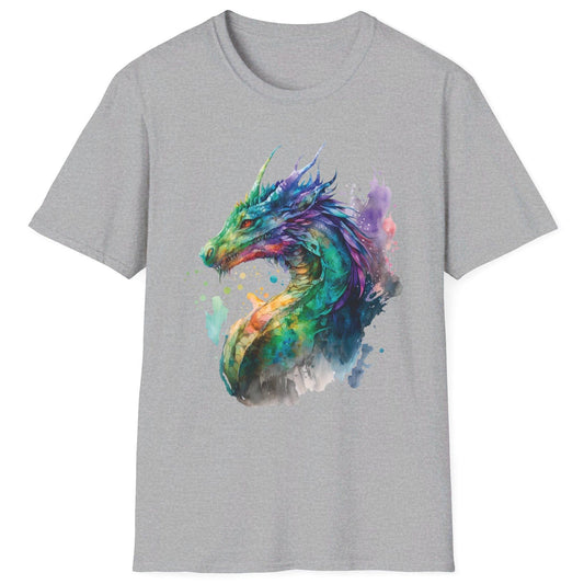 Rainbow Dragon t-shirt in sport grey, showcasing vibrant watercolor art of a majestic dragon’s head and neck in striking, vivid colors.