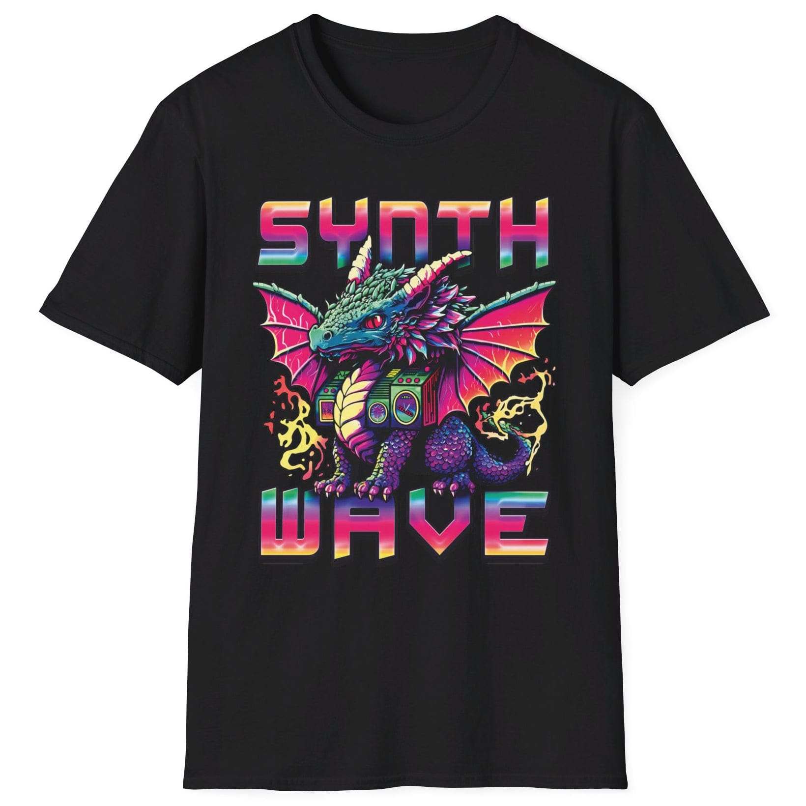 Synthwave Dragon Shirt in black featuring the word "SYNTHWAVE" and neon art of a young dragon with a boombox.