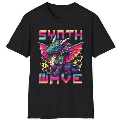 Synthwave Dragon Shirt in black featuring the word "SYNTHWAVE" and neon art of a young dragon with a boombox.