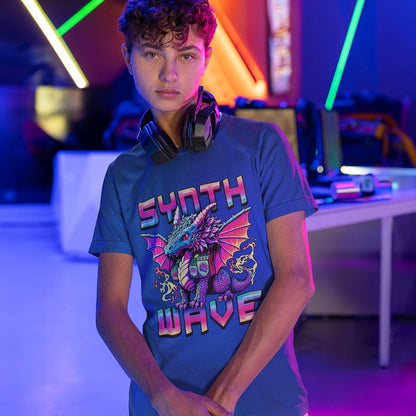 Man with headphones wearing a Synthwave Dragon Shirt featuring the word "SYNTHWAVE" and neon art of a dragon with a boombox.