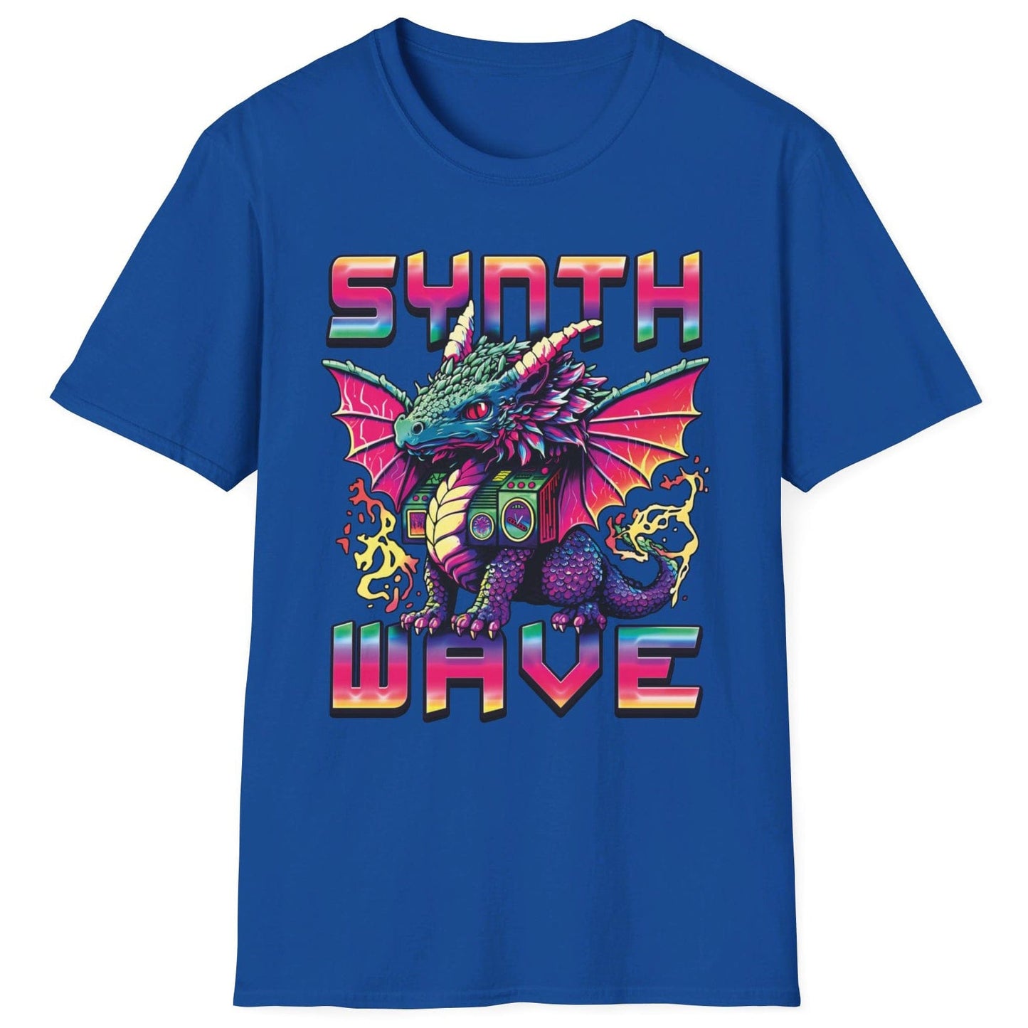 Synthwave Dragon Shirt in royal blue featuring the word "SYNTHWAVE" and neon art of a young dragon with a boombox.