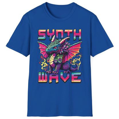 Synthwave Dragon Shirt in royal blue featuring the word "SYNTHWAVE" and neon art of a young dragon with a boombox.