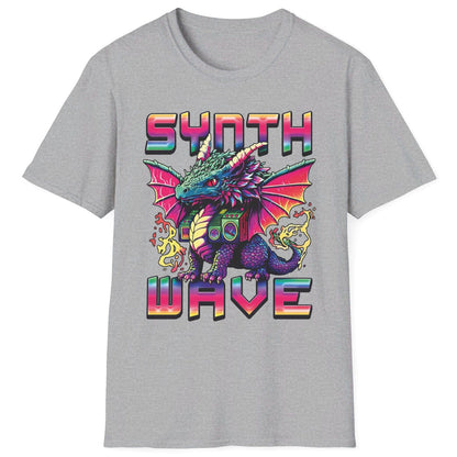 Synthwave Dragon Shirt in sport grey featuring the word "SYNTHWAVE" and neon art of a young dragon with a boombox.